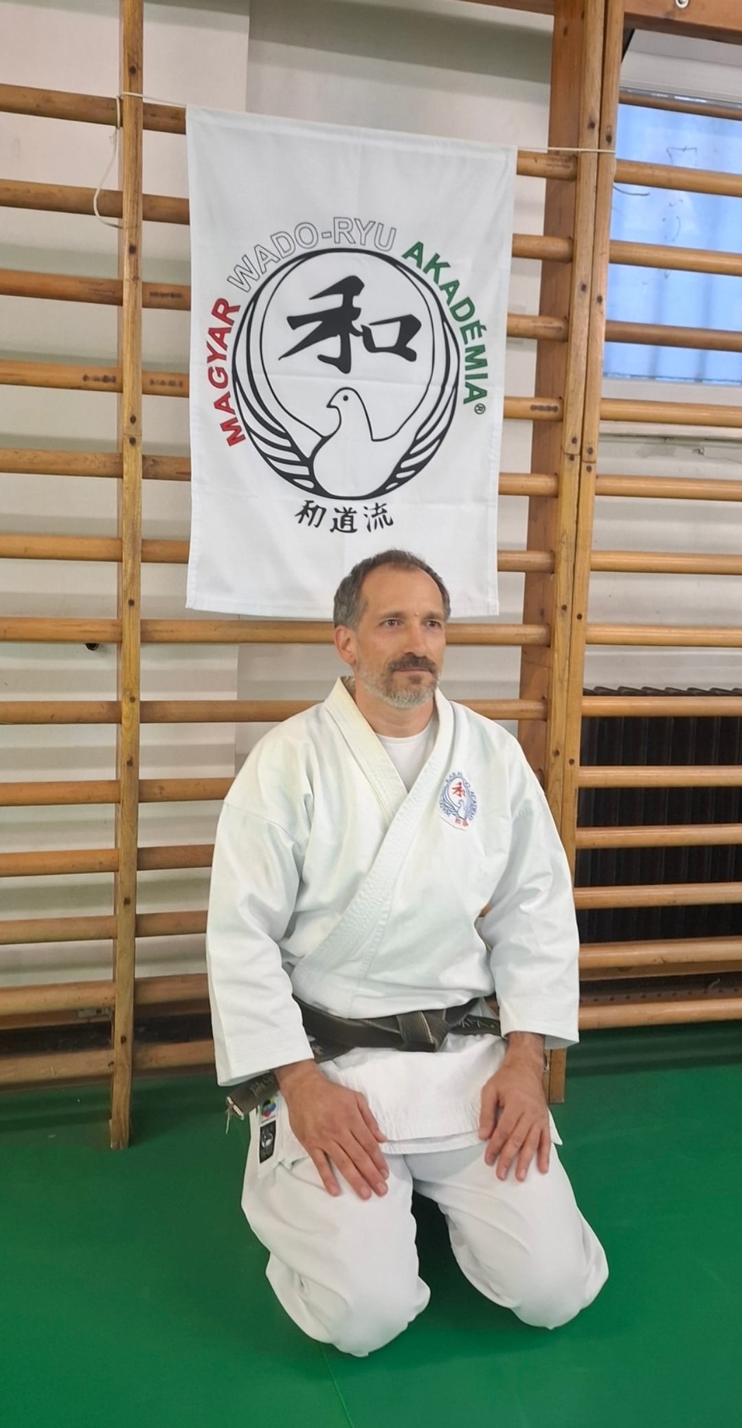 Túsz Krisztián fehér karateruhában, seizában térdel a tornaterem zöld padlóján, a bordásfal előtt; mögötte a Magyar Wado-Ryu Akadémia zászlaja.