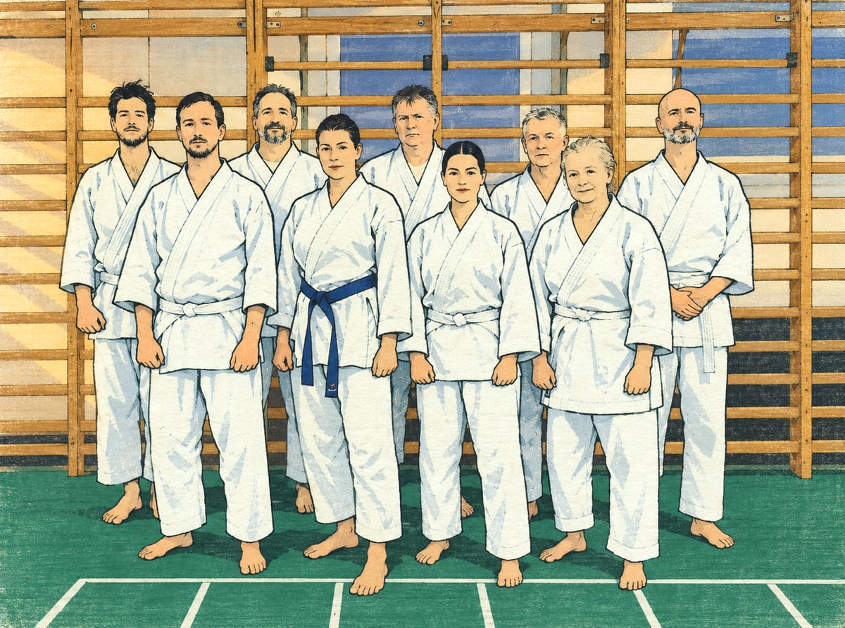 Kép a Heiwa Dojo kilenc tagjáról egy csapatfotó alapján: két sorban állnak a tornaterem bordásfala előtt.