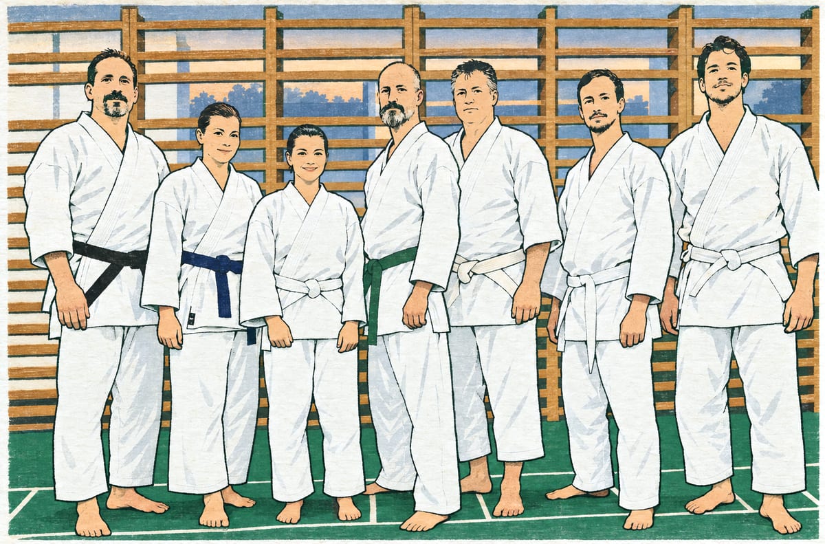 Kép a Heiwa Dojo hét tagjáról egy csapatfotó alapján: fehér karateruhában, mezítláb állnak egy sorban a tornaterem zöld padlóján, a bordásfal előtt.